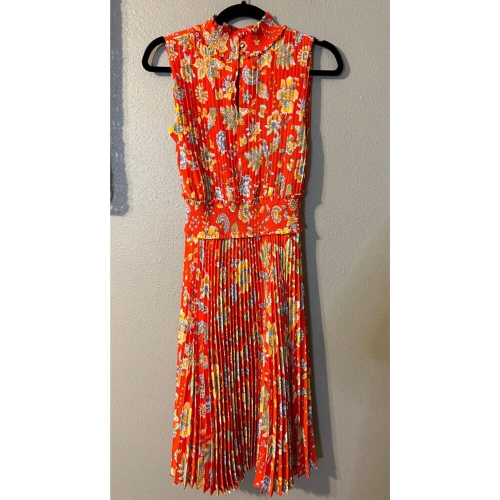 Nanette Lepore Dress 4 Pleat Mock Neck Smocked Red Orange Yellow Floral Washable - Picture 9 of 9
